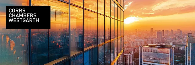 Corrs Chambers Westgarth logo and image of building at sunrise